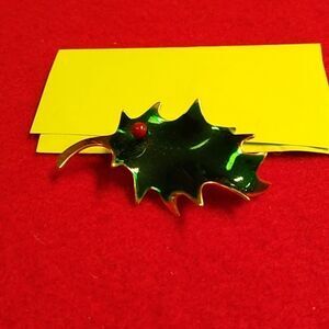 Vintage signed Cerrito Green Enamel Holly Leaf w/Red Berry Cottagecore